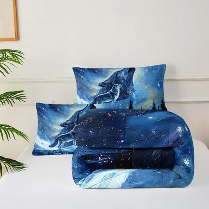 Wolf Comforter Set Queen for Boys Girls,Howling Wolves Night Moon Comforter Mountain Forest Wolf Bed Set,Wild Animals Quilt Set for Adults Kids Bedroom Decor,All Seasons