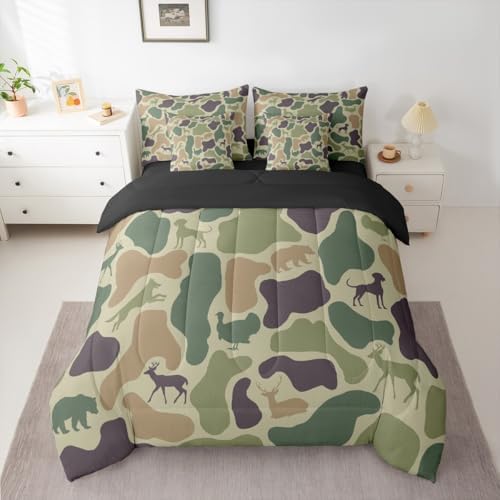 Erosebridal Hunting 7 Piece Bedding Set Twin Camouflage Comforter Set with Sheets Purple Green Army Farmhouse Bed in a Bag Deer Hound Bear Turkey Wolf Print for Kids Boys Girls
