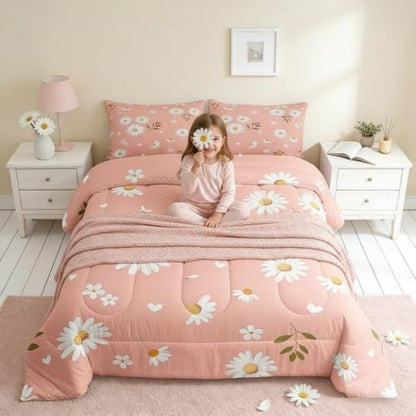 Homewish Girls Daisy Flowers Twin Size Comforter Set,Kids Petals and Leaves Decor All Season Bedding Set,Teens Pink and White Comforter,Children Daisy Decor Quilt Set Bedroom Collection 2Pcs