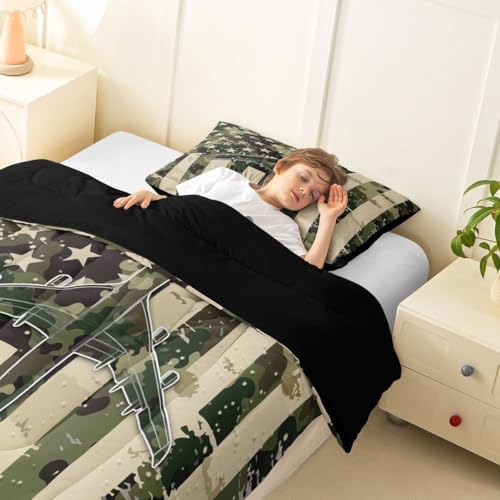 Erosebridal Camo American Flag Comforter Set Queen Camouflage Military Aircraft Bedding Set Army Green Airplane Comforter for Kids Boys Girls Vintage Patriotic Plane Quilt Duvet
