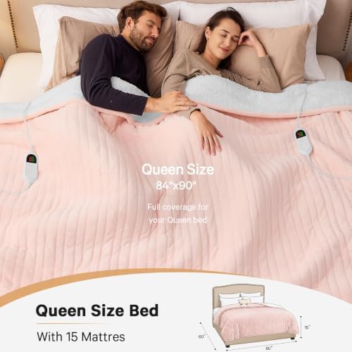 Heated Electric Blanket Queen, Dual Control, 84" x 90", Light Pink
