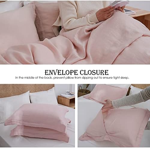 Simple&Opulence 100% Linen Duvet Cover Set 3pcs Basic Style Natural French Washed Flax Solid Color Soft Breathable Farmhouse Bedding with Button Closure - Blush Pink, Queen