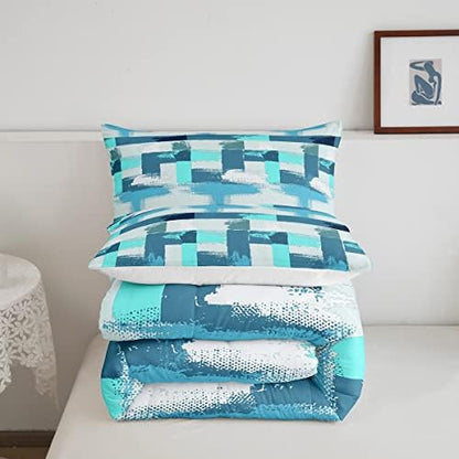 Turquoise Comforter Set Twin Size Teal Comforter Blue Grey Grunge Ombre Bedding Set For Kids Boys Girls Adults Bedroom Decor Abstract Buffalo Plaid Contemporary Quilt Duvet Insert with 1 Pillowcases