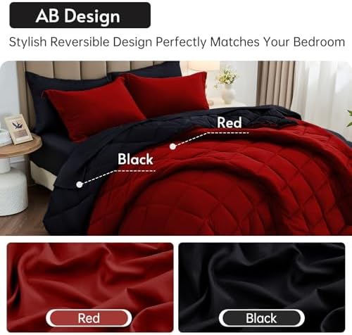 MUXHOMO 7 Pieces Oversized Queen Comforter Set, Reversible Bed in a Bag Oversized Queen Size, All Season Bedding Set with Comforter, Flat Sheet, Fitted Sheet, Pillowcases & Shams, Red & Black
