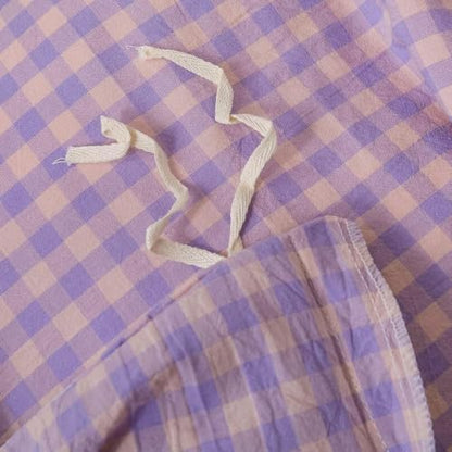 mixinni Purple Gingham Grid Duvet Cover King, 100% Washed Cotton Modern Geometric Bedding Set with 2 Pillowcases, Farmhouse Style Yellow Plaid Comforter Cover Set for Men & Women, Soft & Lightweight