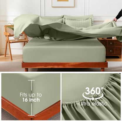 FreshCulture Comforter Set Seersucker 5 Pieces, All Season Bedding Set Twin XL, Bed in a Bag Comforter Set with Comforter, Flat Sheet, Fitted Sheet, Pillowcase and Pillow Sham, Sage
