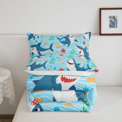 Cute Shark Comforter Set King Size,Fish Coral Bedding Set 3pcs for Kids Teens Boys Girls Room Decor,Mysterious Under Sea Animals Plants Themed Quilt Set Cartoon Blue Duvet Insert with 2 Pillowcases
