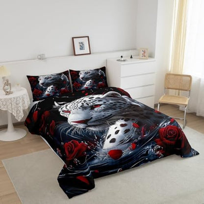 jejeloiu Leopard Comforter Set Toddler Size Kids Cheetah Print Rose Bedding Set for Boys Girls Teens Wild Animal Duvet Breathable Safari Quilt Bedroom Decor,1 Comforter with 1 Pillowcase