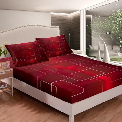 Feelyou Boys Geometric Bed Sheets Sheet Set for Kids Teens Girls Women Red Grid Art Decor Bed Set Simple Modern Fashion Sheets Bedroom Collection 4Pcs Queen Size