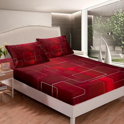 Feelyou Boys Geometric Bed Sheets Sheet Set for Kids Teens Girls Women Red Grid Art Decor Bed Set Simple Modern Fashion Sheets Bedroom Collection 4Pcs Full Size