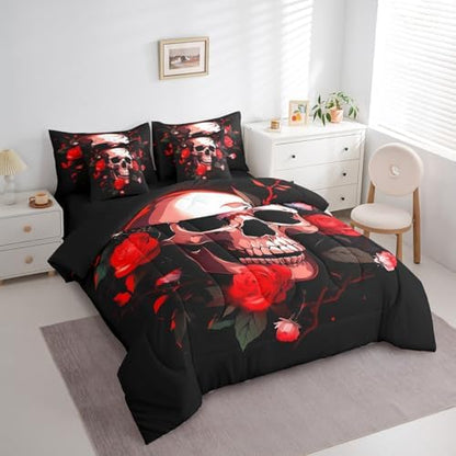 Erosebridal 7Pcs Sugar Skull Comforter Set Full Size,Skull Rose Floral Bedding Set,Exotic Spooky Flowers Bed in A Bag,Halloween Gothic Bones Skeleton Sheet Set with Comforter