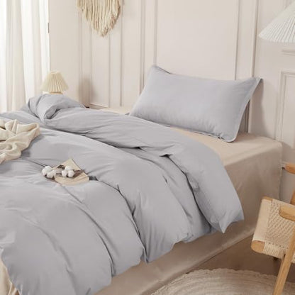 SAPHREAS 100% Washed Cotton Duvet Cover Twin Size Set, Linen Like Comforter Cover with Zipper Closure & Corner Ties (No Comforter), 68x90 Light Grey