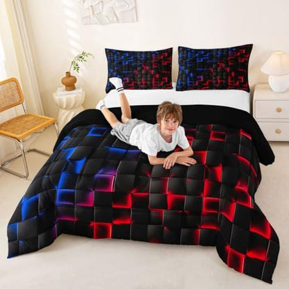 Erosebridal Geometric Checkered Boys Bedding Set King Size Neon Red Blue Comforter Set for Kids Teen Men Gamer Room Decor,Abstract Ombre Plaid Comforter Grids Quilt Duvet Black
