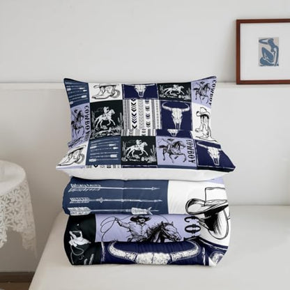 Manfei Cowboy Comforter Set Twin Size, Horse Bull Skull Cowboy Boots Hat Bedding Set 2pcs, Kids Boys Teens Room Decor, Boho Navy Blue Lattice Patchwork Down Comforter Western Quilt Set, 1 Pillowcase