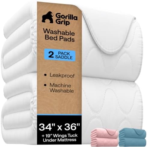 GORILLA GRIP Washable Reusable Underpads, 34x36+19in Wings, 2 Pack, White