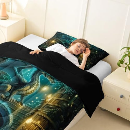 Feelyou Dragon Bedding Set Soft for Boys Girls, Magical Beast Comforter Set Twin Size Fantasy Animal Duvet Quilt Microfiber Wild Life Bedroom Decor Jungle Dragon 2 Pcs with 1 Pillow Cases