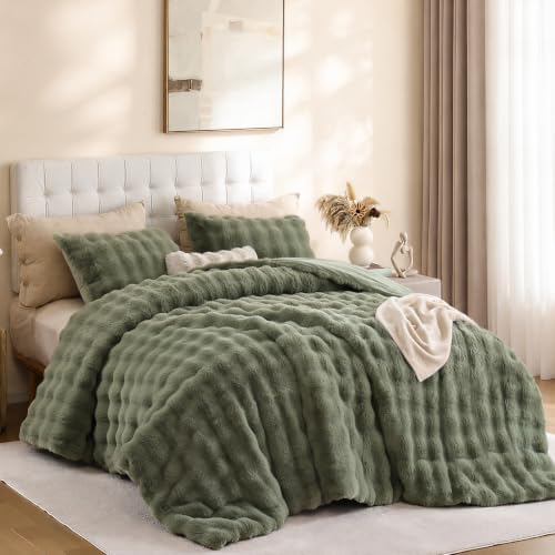 YIKUSH King Faux Fur Soft Comforter Set, Fluffy Green Rabbit Fur Comforter