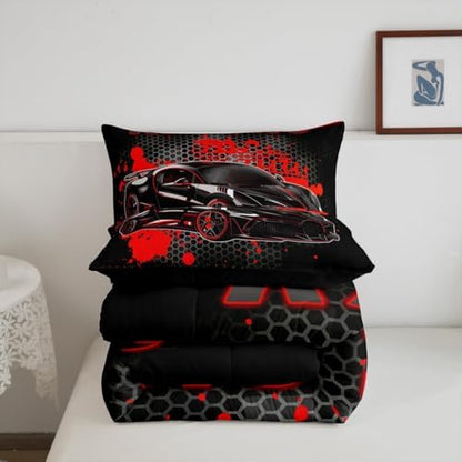 Feelyou Race Car Duvet Quilt Full Size Red Speed Sports Car Bedding Set for Kids Boys Girls Decor Automobile Bedding Set Breathable Soft Lightweight Microfiber Extreme Sports Bedroom Decor