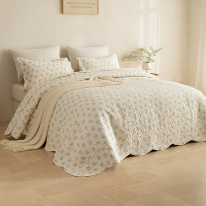 Lady Ann 100% Cotton Queen Quilt - Pink Flower Botanical Queen Bedding Sets, 3 Pcs Lightweight Scalloped Edge Bedspread Set Ultra Soft Quilted Floral Coverlet for All Season