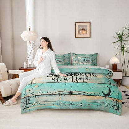 Erosebridal 7 Pieces Rv Camper Bed Set Twin Happy Camping Comforter and Sheets - Country Rustic Farmhouse Bed in A Bag for Kids Teens Adult,Vintage Wooden Barn Door Comforter Green Bedding Sheet Set