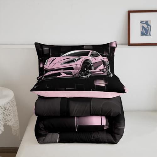 Erosebridal Girls Race Car Bedding Set Queen Size Pink Racing Car Comforter Set 3 Pieces Pink and Black Checkered Bedding Comforter Sets Abstract Down Comforter Room Home Decor