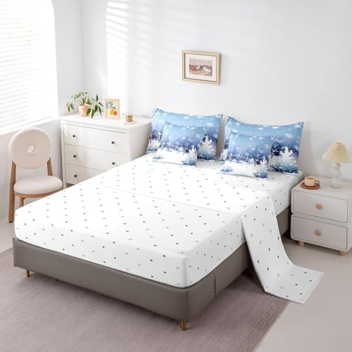Erosebridal Cartoon Winter 7 Pcs Comforter Set King, Snowflakes Bedding for Children, Xmas Mystical Wonderland Starry Sky Night Bed in A Bag Sheet Set, Blue New Year Holiday Shiny Coniferous Quilt