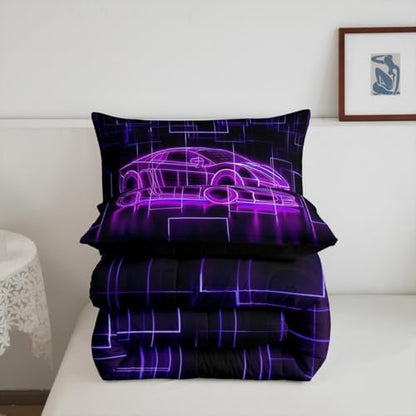 Feelyou Kids Boys Race Car Comforter Set,Extreme Sports Car Bedding Set Twin Size,Boys Bedroom Room Decor,Racing Car Comforter,Geometric Purple Black Speed Luxury Car Bed Set for All Season