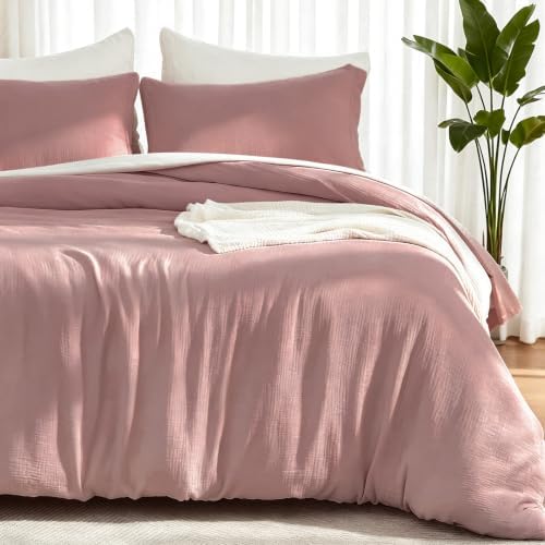 EMME Muslin Cotton Duvet Cover Set Linen Like Pink Twin