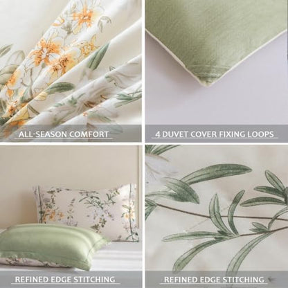 Queen Comforter Set 3 Pieces, 100% Cotton Sage Green Botanical Floral Bedding Set for All‑Season, Soft Breathable Comforter with 2 Pillow Shams