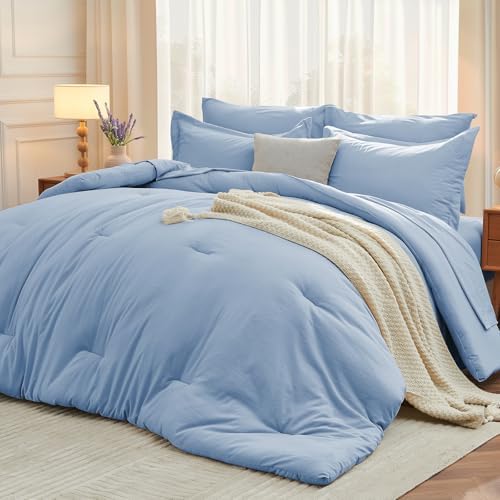 MUXHOMO 7 Pieces Oversized King Comforter Set, Soft Bed in a Bag Oversized King Size, All Season Bedding Set with Comforter, Flat Sheet, Fitted Sheet, Pillowcases & Shams, Greyish Blue