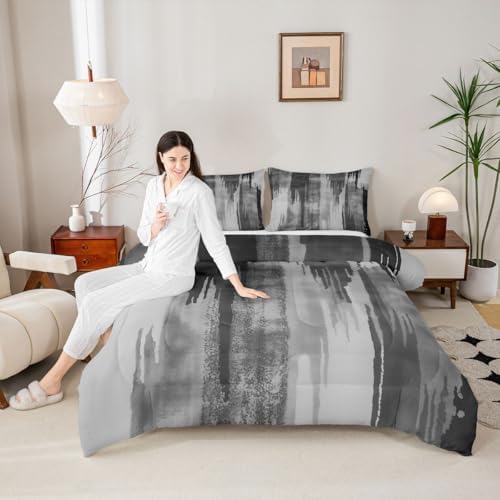jejeloiu Black Gray Abstract Comforter Set All Season Modern Art Bedding Set with 2 Pillow Cases Splash Ink Abstract Microfiber Kids Full Bedclothes Luxury Bedroom Decor Duvet Quilt Breathable Soft