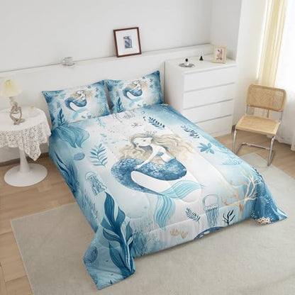 Homewish Cute Mermaid Comforter Set Full Size,Coral Shell Jellyfish Bedding Set 3Pcs for Kids Girls Boys Teens Room Decor,Sea Animals Quilt Set Blue White Watercolor Duvet Insert,2 Pillowcases