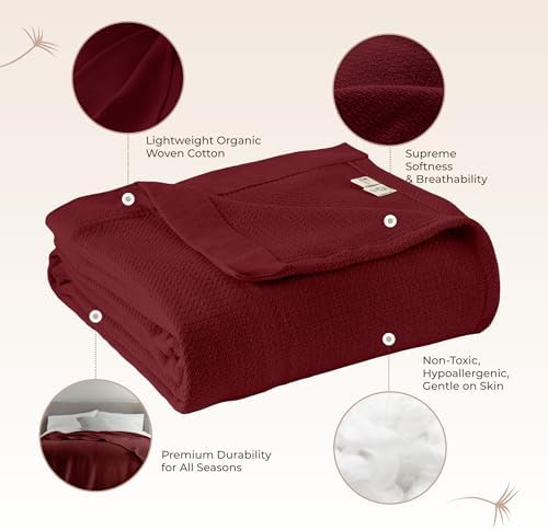 100% Organic Cotton Blanket - GOTS & Fairtrade Certified Organic Cotton Throw Blanket for Bed with a Heavy & Breathable Single Knit Weave - Great as Bedspread or Coverlet (Burgundy, Twin)