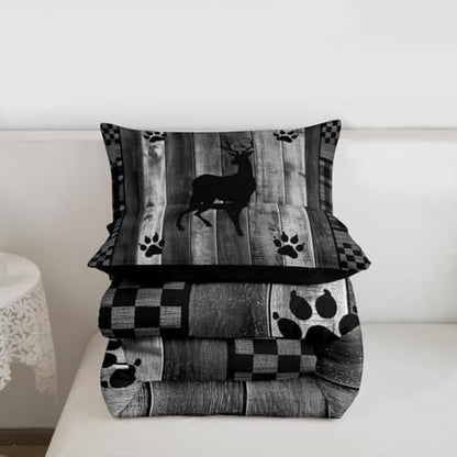 Homewish Deer Bear Down Comforter Queen Size,Hunting and Adventure Bedding Sets 3Pcs for Kids Girls Boys Women Room Decor,Natural Wild Animals Quilted Duvet Rustic Lodge Plaid Bedspread,2 Pillowcases