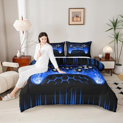 Erosebridal Ombre Art Honeycomb Gaming Comforter Sets for Boys Blue Neon Lights Game Consoles King Bedding Set Geometry Hexagon Beehive Bed Set Gamer Decor for Boys Bedroom Decor