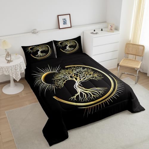 Castle Fairy Sun Moon Comforter Set Queen Size,Trees of Life Bedding Set 3pcs for Kids Teens Boys Bedroom Decor,Gold Glitter Plants Down Comforter Black Vintage Exotic Quilt Set with 2 Pillowcases