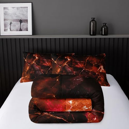 Nttopship Orange Comforter Set Queen Size，Orange Marble Bedding Set 3 Pcs Bedding for Adults, Marble Room Decor with Comforter and 2 Pillowcases Soft and Lightweight B-Side Black