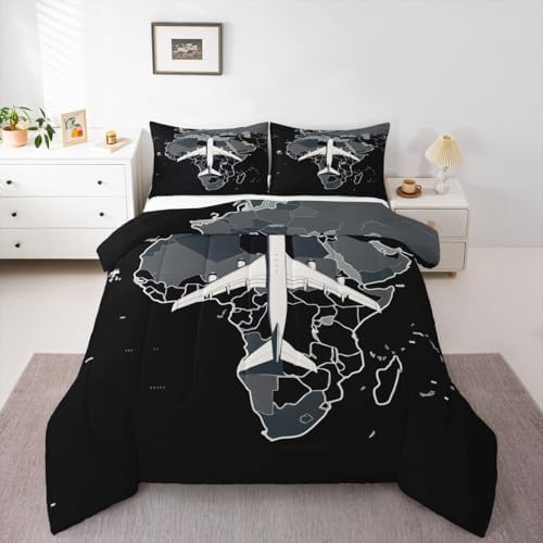 Erosebridal Airplane Comforter Set King Aircraft Bedding Set Gradient Gray World Map Comforter for Kids Boys Girls Modern Transportation Plane Quilt Duvet