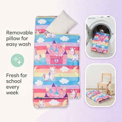 EVERYDAY KIDS Nap Mat with Removable Pillow - Unicorn Dreams - Carry Handle with Straps Closure, Rollup Design, Soft Microfiber for Preschool, Daycare, Travel Sleeping Bag - Ages 3-6 Years
