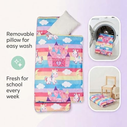 EVERYDAY KIDS Nap Mat with Removable Pillow - Unicorn Dreams - Carry Handle with Straps Closure, Rollup Design, Soft Microfiber for Preschool, Daycare, Travel Sleeping Bag - Ages 3-6 Years