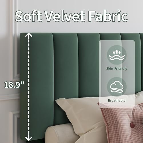 Garvee Queen Size Platform Bed Frame with Upholstered Headboard, Dark Green