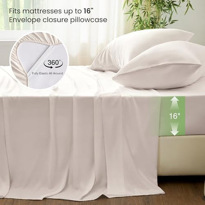 Love's cabin 4 Piece King Size Sheet Set, 100% Rayon Derived from Bamboo, Cooling & Breathable, Soft Silky Deep Pocket up to 16", Hotel Luxury Bedding for Hot Sleepers, Sand