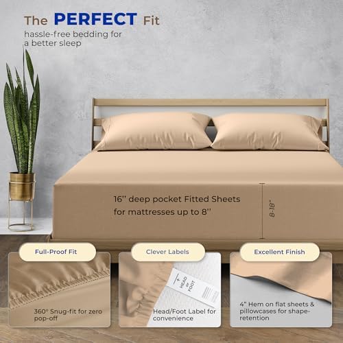 THREAD SPREAD Egyptian Cotton Sheets Queen Size - 1000 Series High Thread Count Cotton Queen Sheet Set (4 PC, Taupe), 16" Snug Fit Deep Pocket, Cooling, Sateen Weave, Ultra-Soft Hotel Luxury Sheets