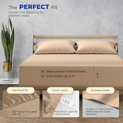 THREAD SPREAD Egyptian Cotton Sheets Queen Size - 1000 Series High Thread Count Cotton Queen Sheet Set (4 PC, Taupe), 16" Snug Fit Deep Pocket, Cooling, Sateen Weave, Ultra-Soft Hotel Luxury Sheets