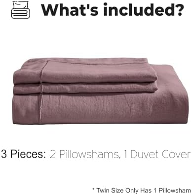 Simple&Opulence 100% French Linen Duvet Cover Set with Embroidered,3 Pcs Washed Soft Farmhouse Bedding Set with Button Closure,1 Comforter Cover and 2 Pillowshams(Queen,Purple)