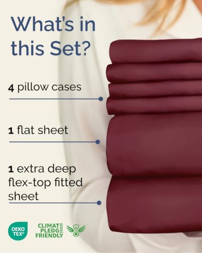 Extra Deep Flex Top Split Head King Sheet Set - 6pc Bed Sheets - Burgundy