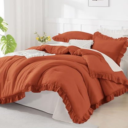 Andency Terracotta Ruffle Comforter Oversized Queen, 3 Pcs Solid Bed