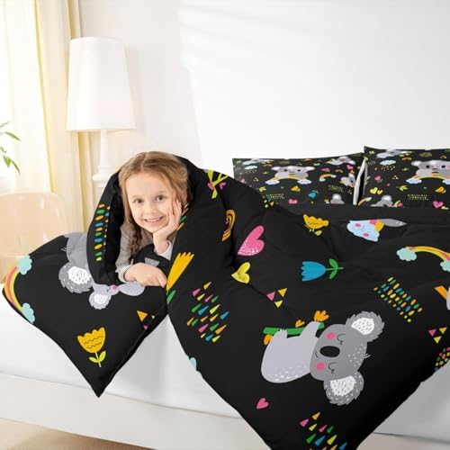 Erosebridal Koala Comforter Set, Kids Rainbow Bedding Set King Size Flower Love Heart Duvet Sets for Girls Boys Children Cute Animal Cartoon Down Comforter 3 Pieces with 2 Pillow Cases, Black