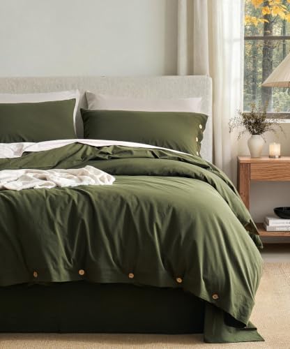 JELLYMONI 100% Washed Cotton Fall Olive Green Duvet Cover Queen, Linen-Like