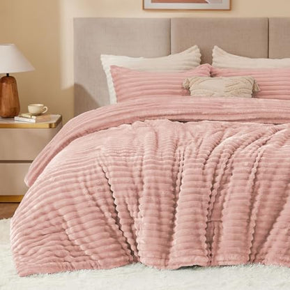 BEDELITE Fleece Queen Comforter Set, Fluffy Bed Set, Dusty Pink